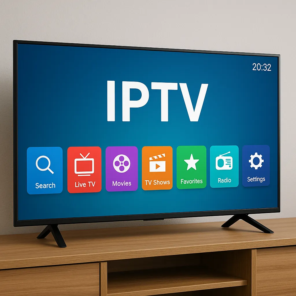 A Smart TV with IPTV apps displayed on screen