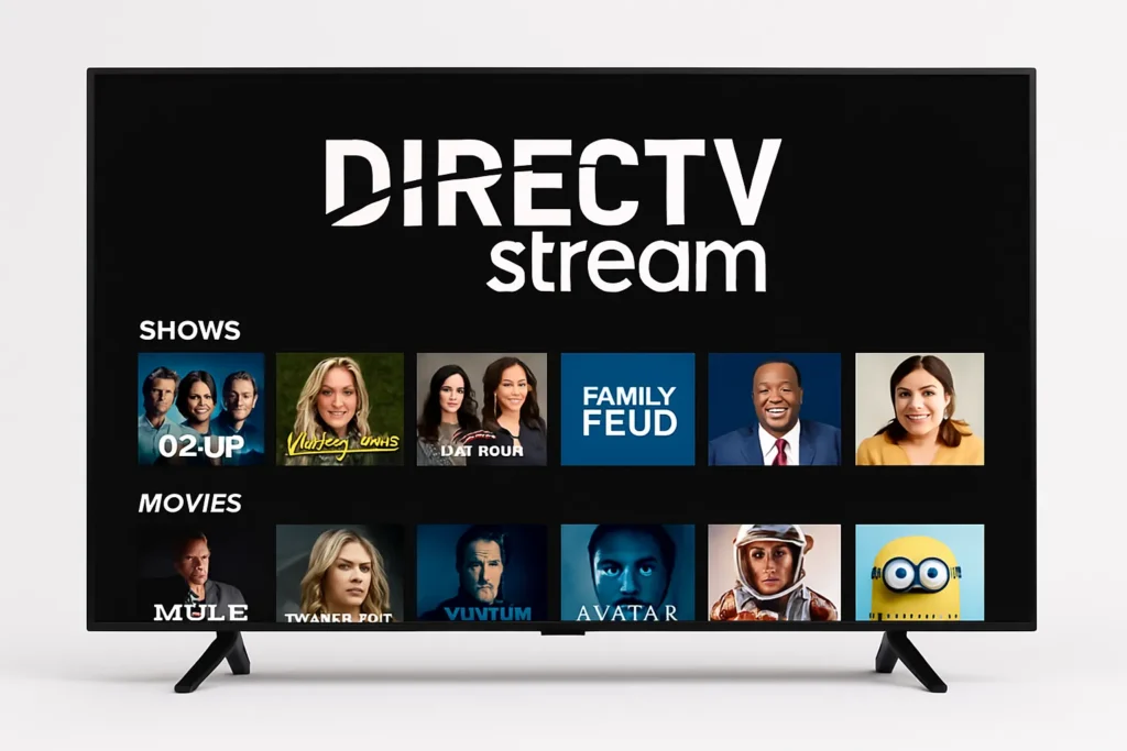 Simple DirecTV Stream interface showing shows and movies categories for 2025