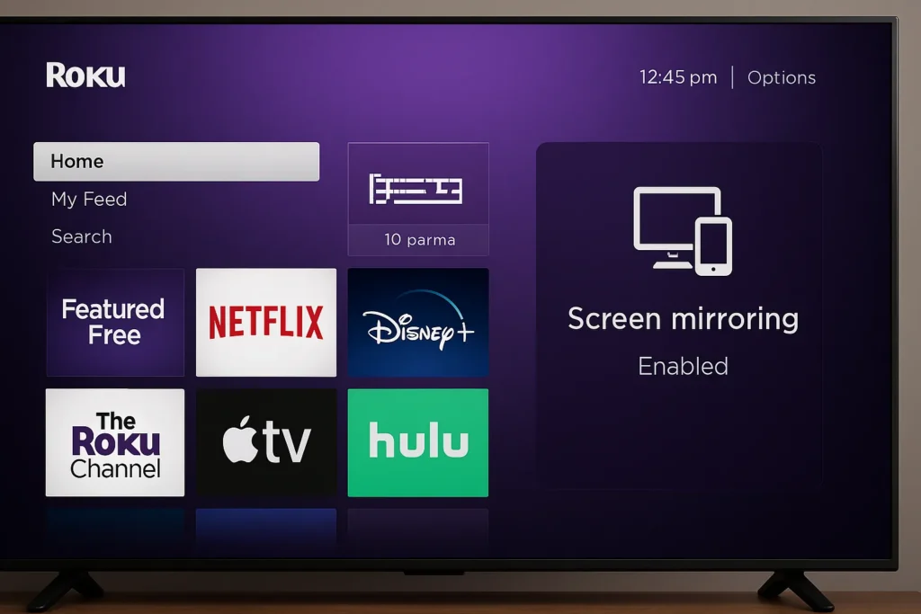 Roku home screen with “screen mirroring” settings enabled
