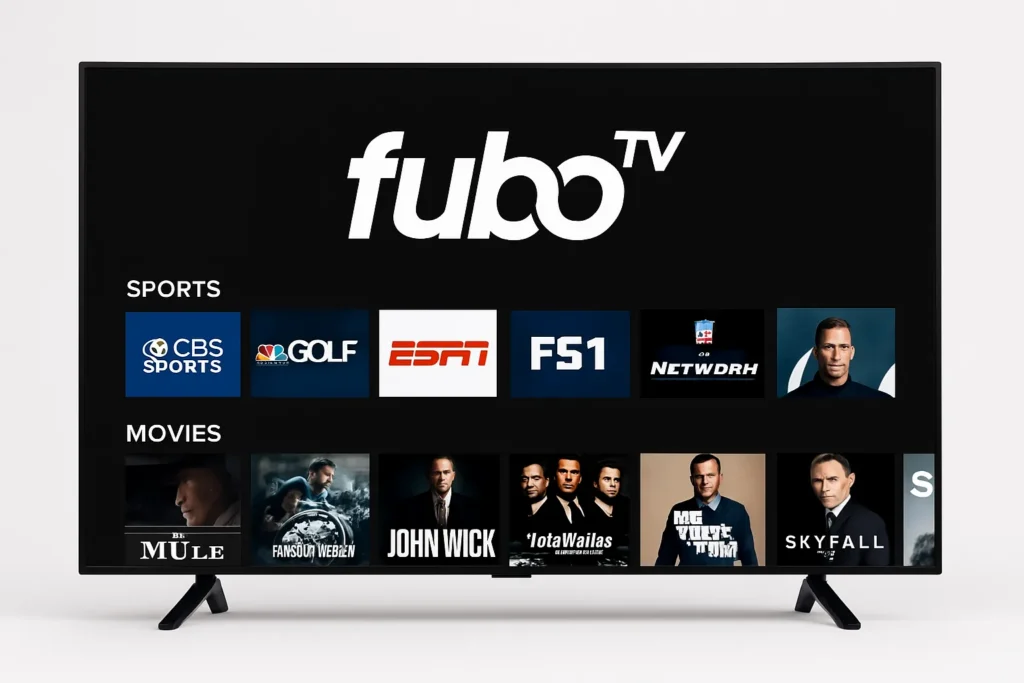 Simple FuboTV streaming interface showing sports and movies channels for 2025