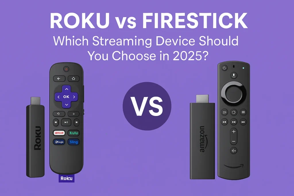 Roku vs Firestick infographic comparison showing features of each streaming device in 2025.