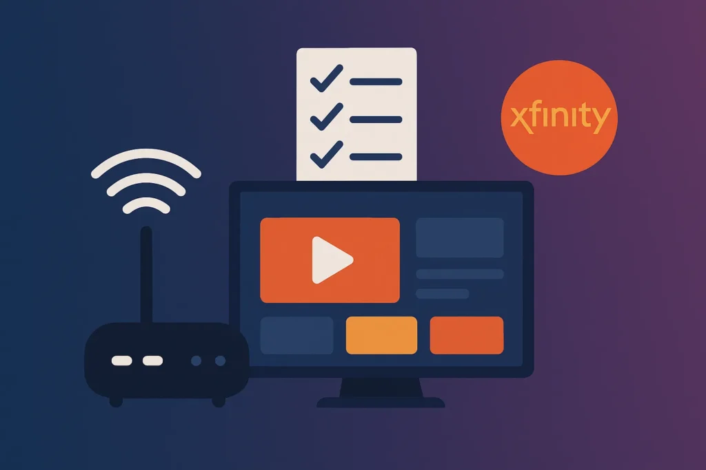 Flat-style illustration showing a Wi-Fi router, smart TV interface, checklist, and the Xfinity logo to visually represent top Xfinity alternatives in 2025