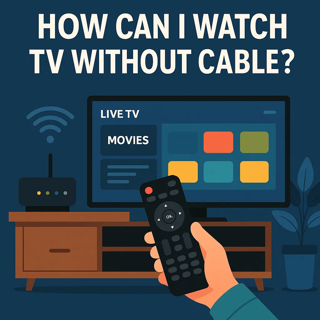 Illustration showing how to watch TV without cable using streaming and IPTV services on a smart TV with a remote and Wi-Fi router - How Can I Watch TV Without Cable?