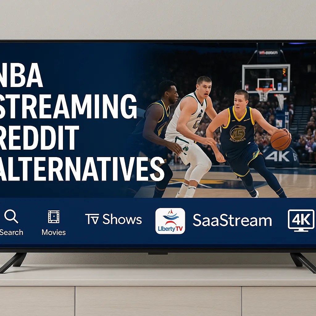 nba streaming reddit alternatives showing live basketball game in 4K with LibertyTV and SaaStream IPTV on smart TV screen
