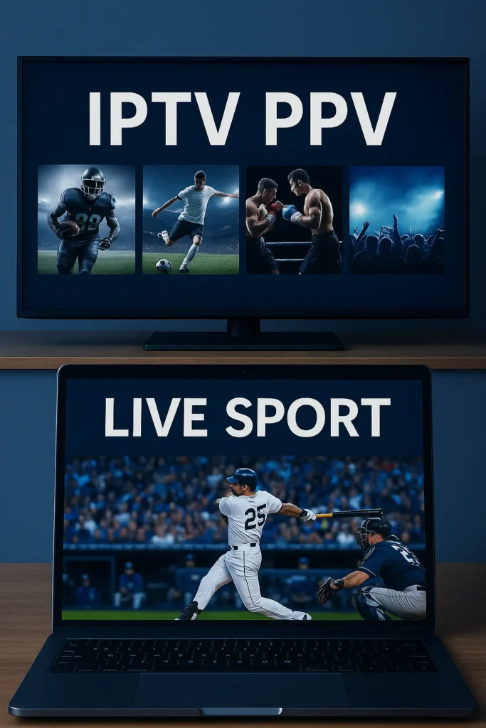 IPTV PPV live sports streaming on TV and laptop showing football, soccer, boxing, concert, and baseball game.