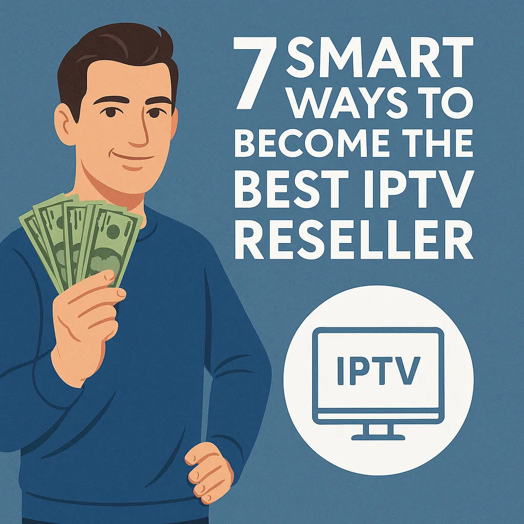Promotional digital illustration features a confident man holding dollar bills with bold text “7 Smart Ways to Become the Best IPTV Reseller” beside an IPTV icon.